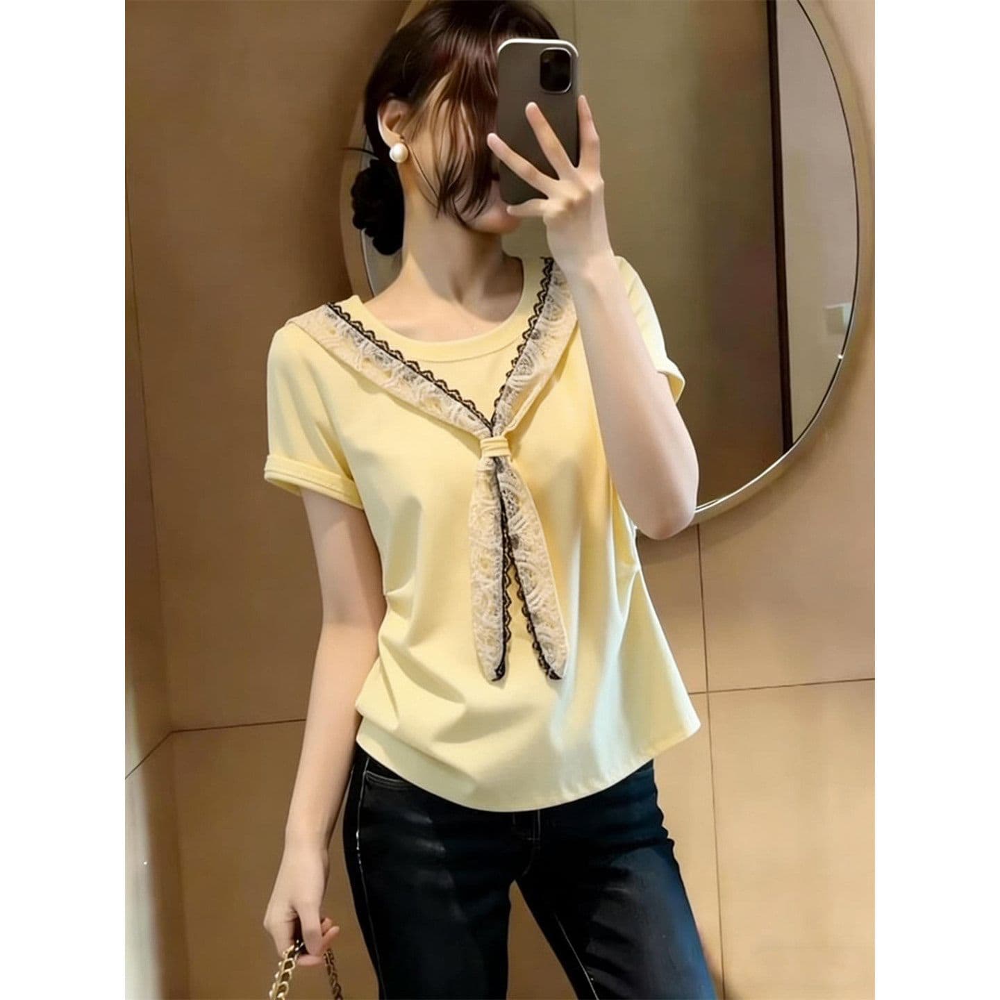 좋은 면 1 1 92 면 8 암모니아 Lun 여름 새로운 프랑스식 레이스 숄 반팔 티셔츠 이미지 4
