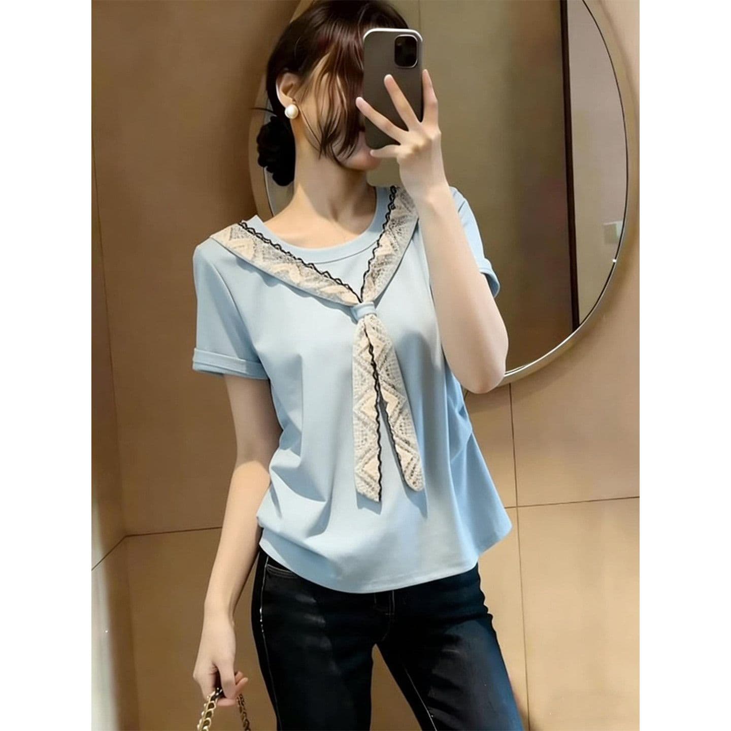 좋은 면 1 1 92 면 8 암모니아 Lun 여름 새로운 프랑스식 레이스 숄 반팔 티셔츠 이미지 3