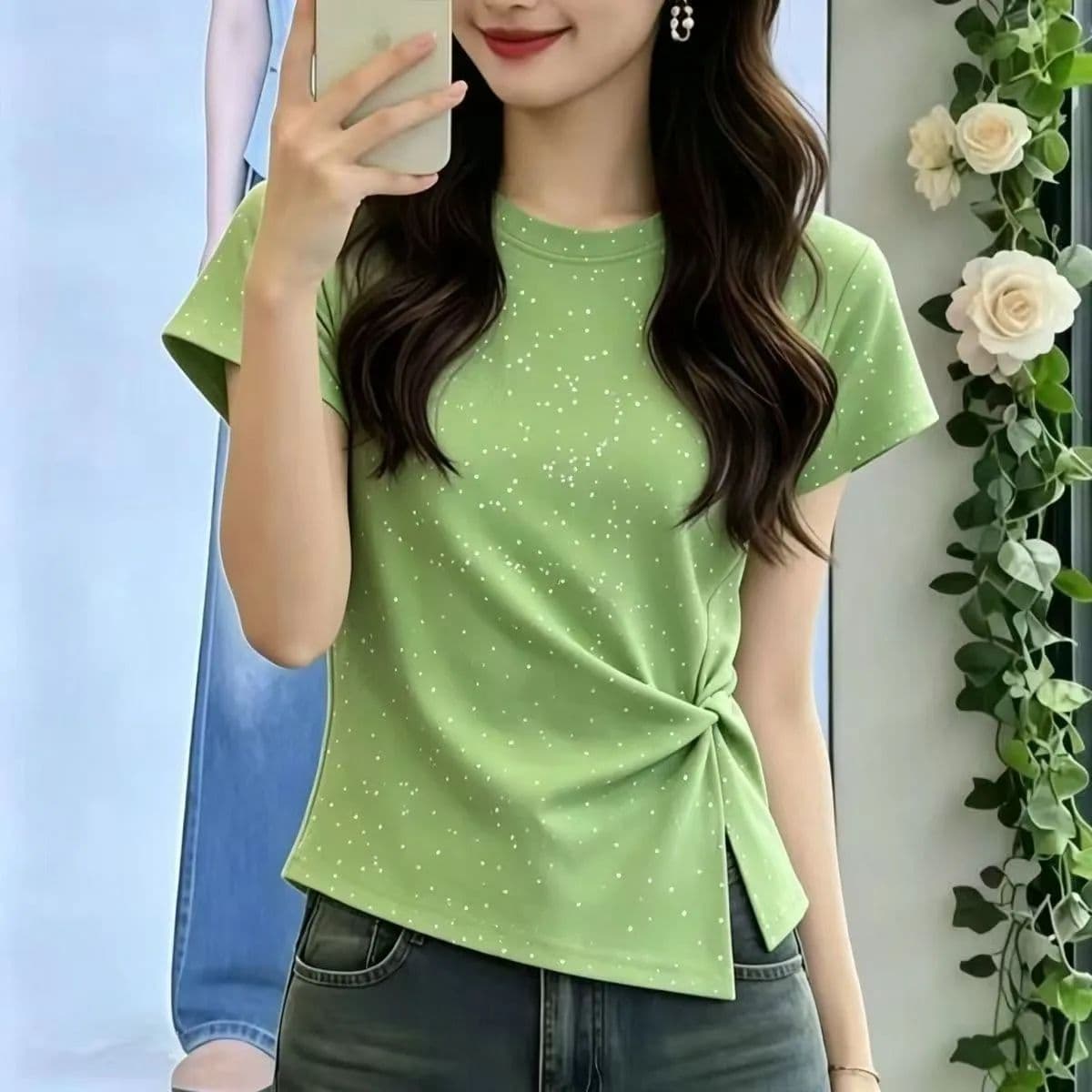높은 품질 40 92 면 8 암모니아 Lun 210 그램 다림질 금박 새로운 불규칙 Gypsophila 단색 티셔츠 여성
