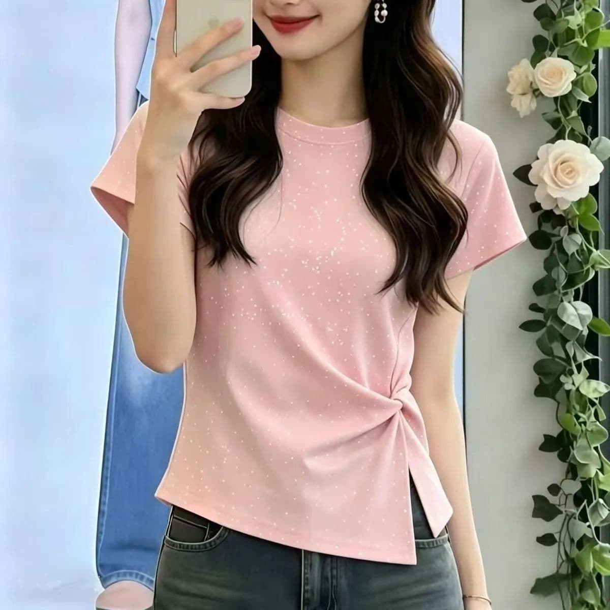 높은 품질 40 92 면 8 암모니아 Lun 210 그램 다림질 금박 새로운 불규칙 Gypsophila 단색 티셔츠 여성 이미지 3