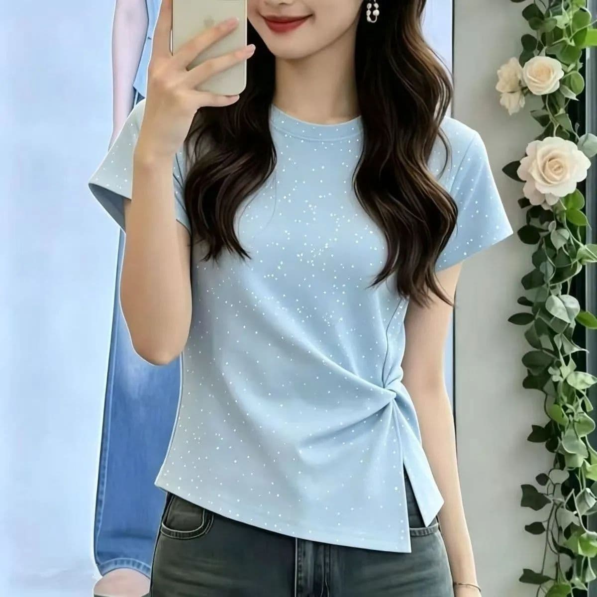 높은 품질 40 92 면 8 암모니아 Lun 210 그램 다림질 금박 새로운 불규칙 Gypsophila 단색 티셔츠 여성 상세 이미지 3