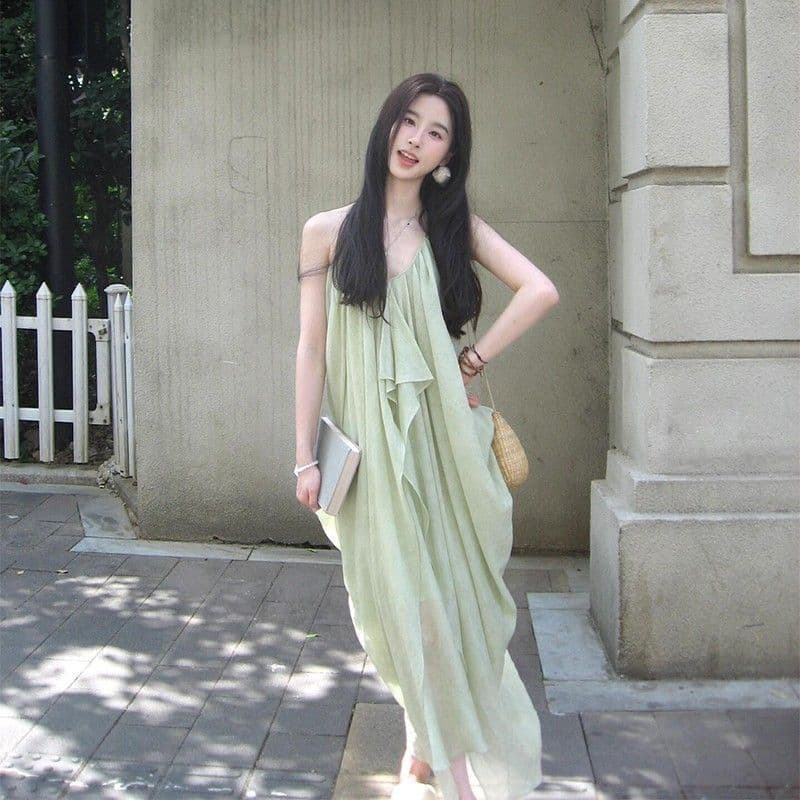 해변가 백리스 행침 목 슬립 여성 드레스 분위기 센스 휴가 바람 녹색 롱 스커트 민소매 루즈핏 큰 진자 치마 이미지 4