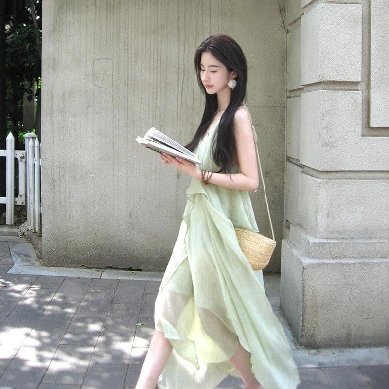 해변가 백리스 행침 목 슬립 여성 드레스 분위기 센스 휴가 바람 녹색 롱 스커트 민소매 루즈핏 큰 진자 치마 이미지 5