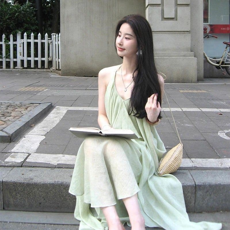 해변가 백리스 행침 목 슬립 여성 드레스 분위기 센스 휴가 바람 녹색 롱 스커트 민소매 루즈핏 큰 진자 치마 이미지 3
