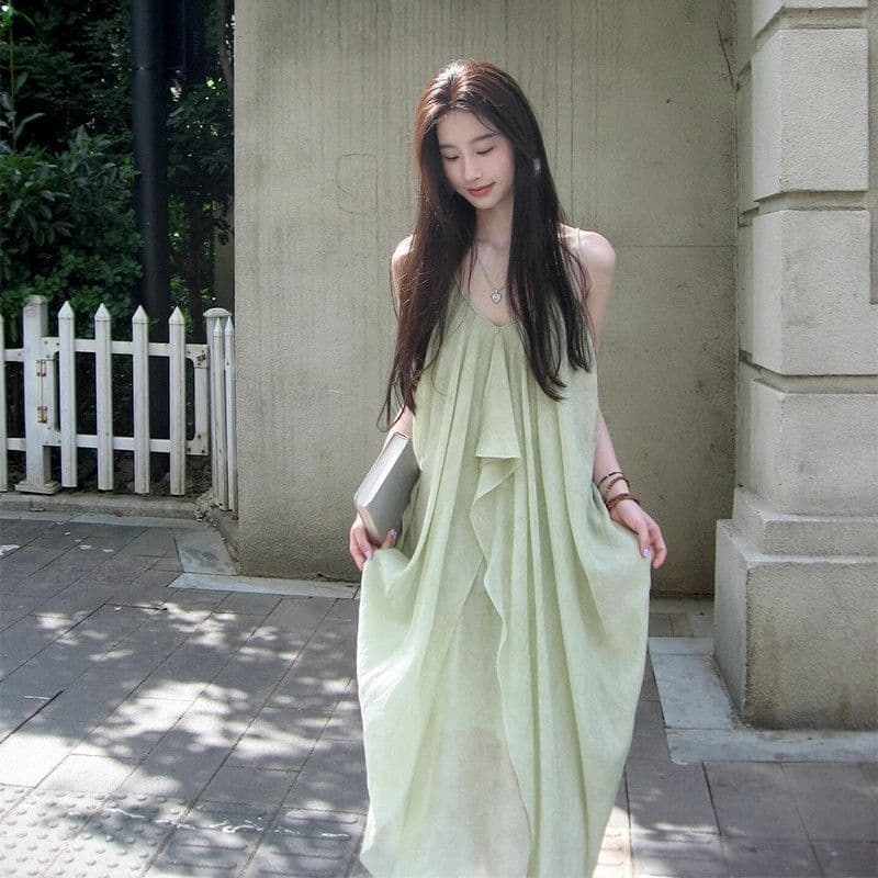 해변가 백리스 행침 목 슬립 여성 드레스 분위기 센스 휴가 바람 녹색 롱 스커트 민소매 루즈핏 큰 진자 치마