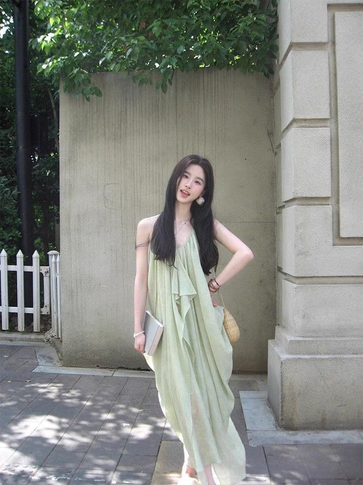 해변가 백리스 행침 목 슬립 여성 드레스 분위기 센스 휴가 바람 녹색 롱 스커트 민소매 루즈핏 큰 진자 치마 상세 이미지 1
