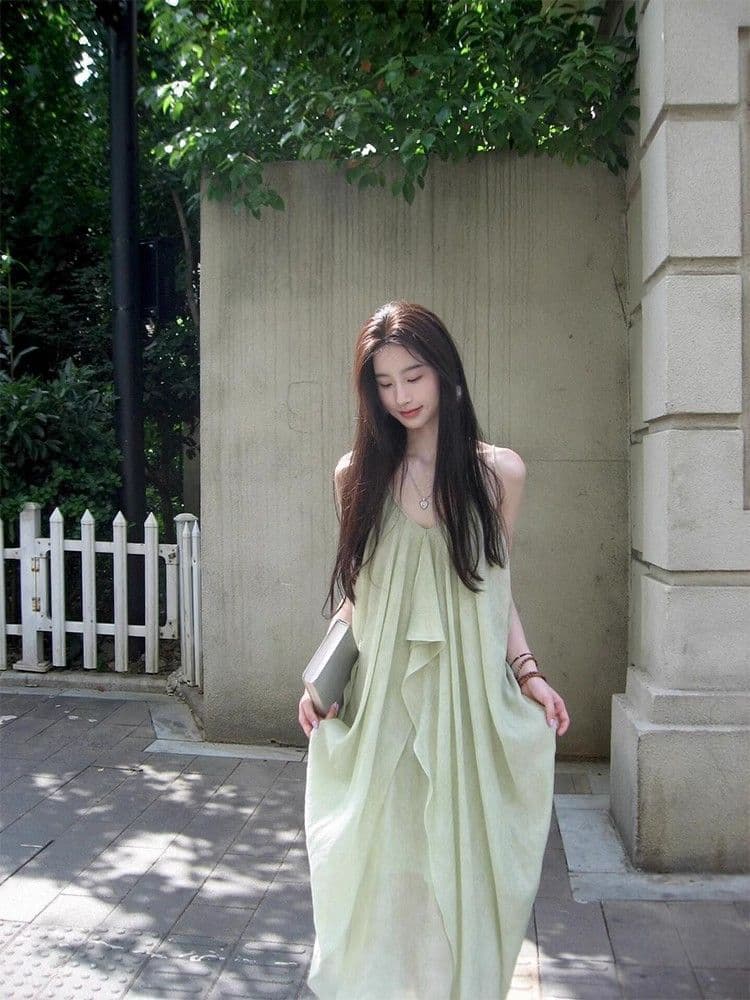 해변가 백리스 행침 목 슬립 여성 드레스 분위기 센스 휴가 바람 녹색 롱 스커트 민소매 루즈핏 큰 진자 치마 상세 이미지 2
