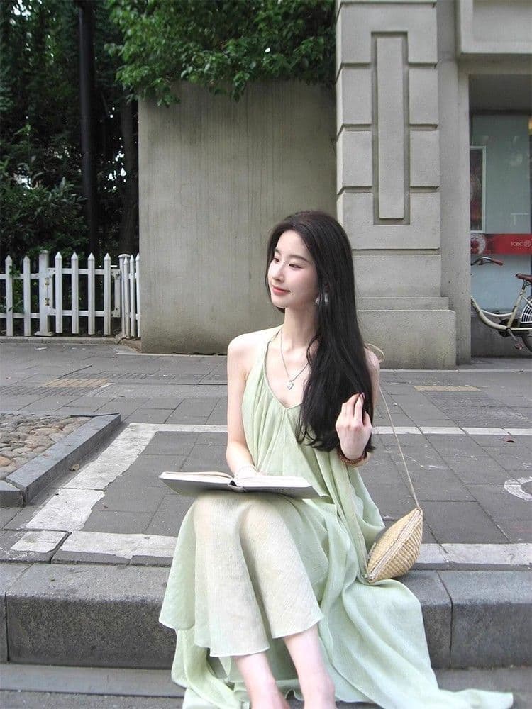 해변가 백리스 행침 목 슬립 여성 드레스 분위기 센스 휴가 바람 녹색 롱 스커트 민소매 루즈핏 큰 진자 치마 상세 이미지 4