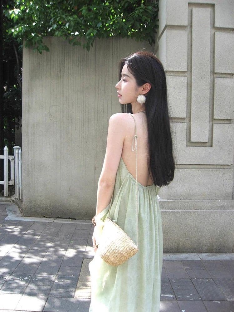 해변가 백리스 행침 목 슬립 여성 드레스 분위기 센스 휴가 바람 녹색 롱 스커트 민소매 루즈핏 큰 진자 치마 상세 이미지 7