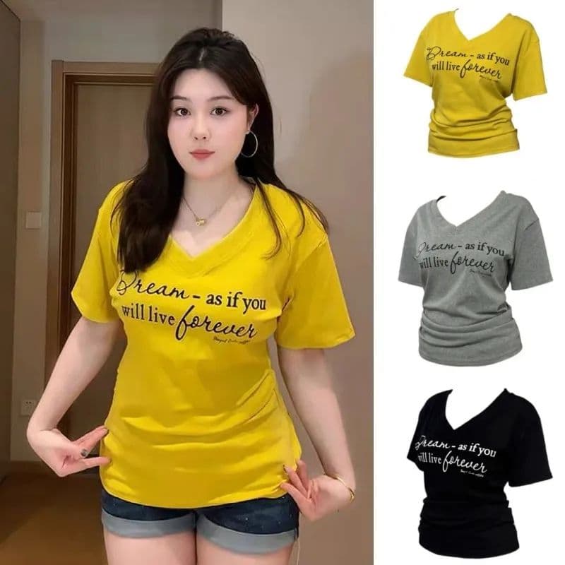 높은 품질 40 92 면 8 암모니아 Lun 새로운 빅 사이즈 지방 mm 다용도 V넥 프린트 허리 수축 슬림해 보이는 티셔츠 여성