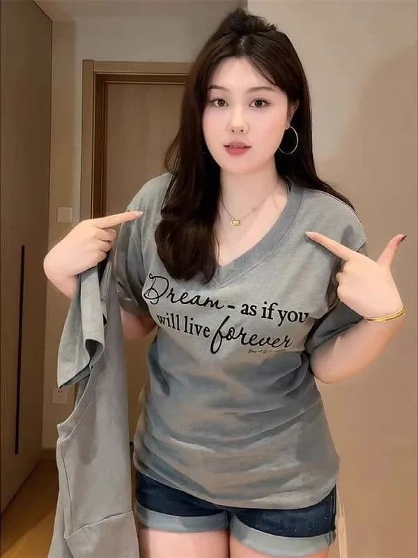 높은 품질 40 92 면 8 암모니아 Lun 새로운 빅 사이즈 지방 mm 다용도 V넥 프린트 허리 수축 슬림해 보이는 티셔츠 여성 이미지 2