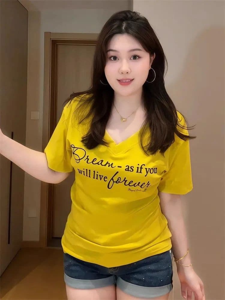 높은 품질 40 92 면 8 암모니아 Lun 새로운 빅 사이즈 지방 mm 다용도 V넥 프린트 허리 수축 슬림해 보이는 티셔츠 여성 이미지 3