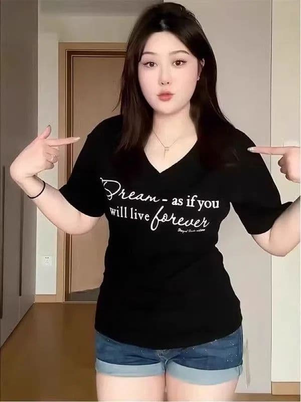 높은 품질 40 92 면 8 암모니아 Lun 새로운 빅 사이즈 지방 mm 다용도 V넥 프린트 허리 수축 슬림해 보이는 티셔츠 여성 이미지 4