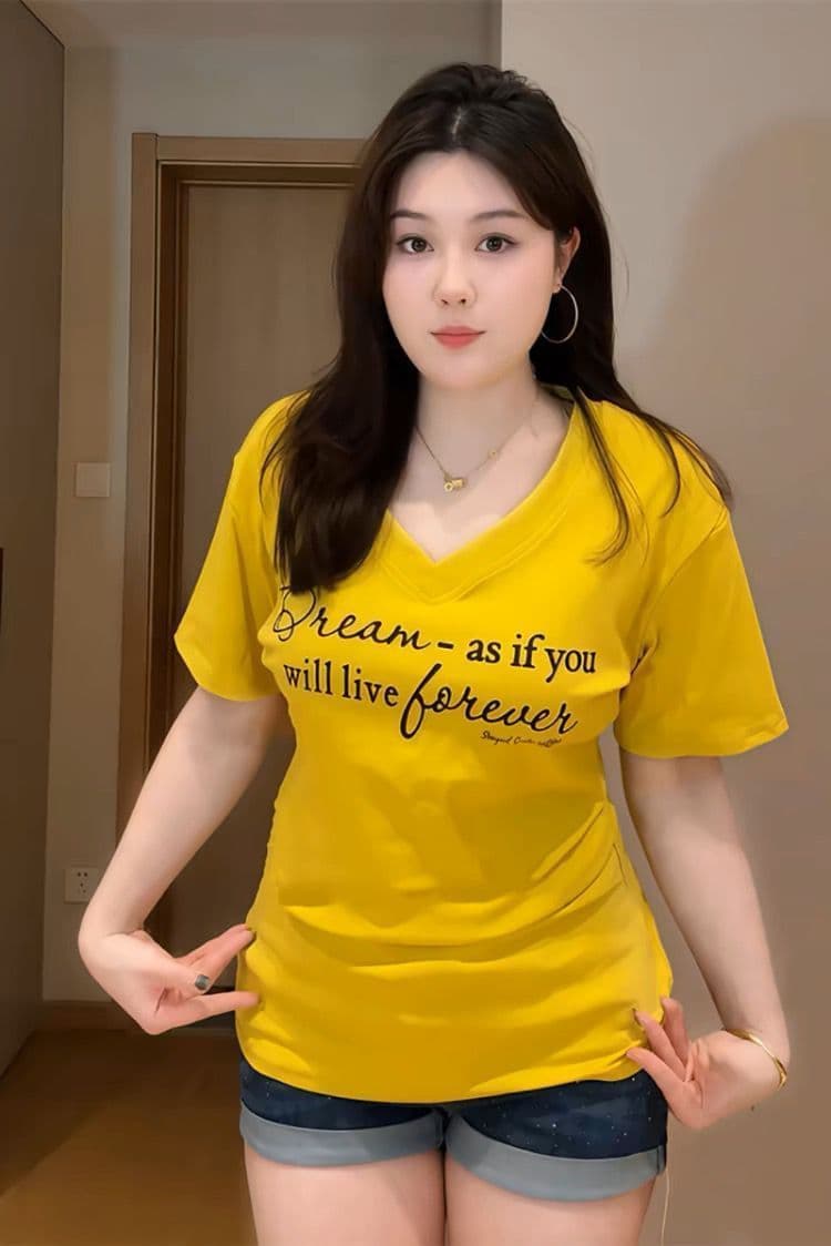 높은 품질 40 92 면 8 암모니아 Lun 새로운 빅 사이즈 지방 mm 다용도 V넥 프린트 허리 수축 슬림해 보이는 티셔츠 여성 상세 이미지 7