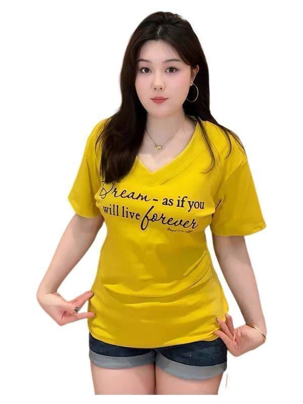 높은 품질 40 92 면 8 암모니아 Lun 새로운 빅 사이즈 지방 mm 다용도 V넥 프린트 허리 수축 슬림해 보이는 티셔츠 여성 상세 이미지 8