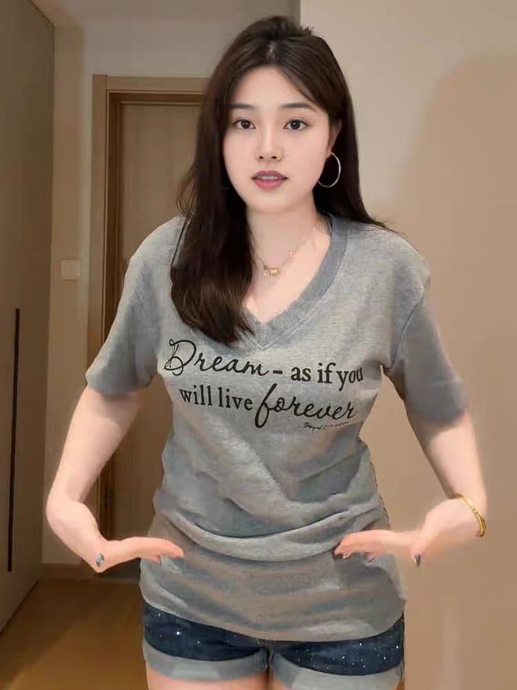 높은 품질 40 92 면 8 암모니아 Lun 새로운 빅 사이즈 지방 mm 다용도 V넥 프린트 허리 수축 슬림해 보이는 티셔츠 여성 상세 이미지 9