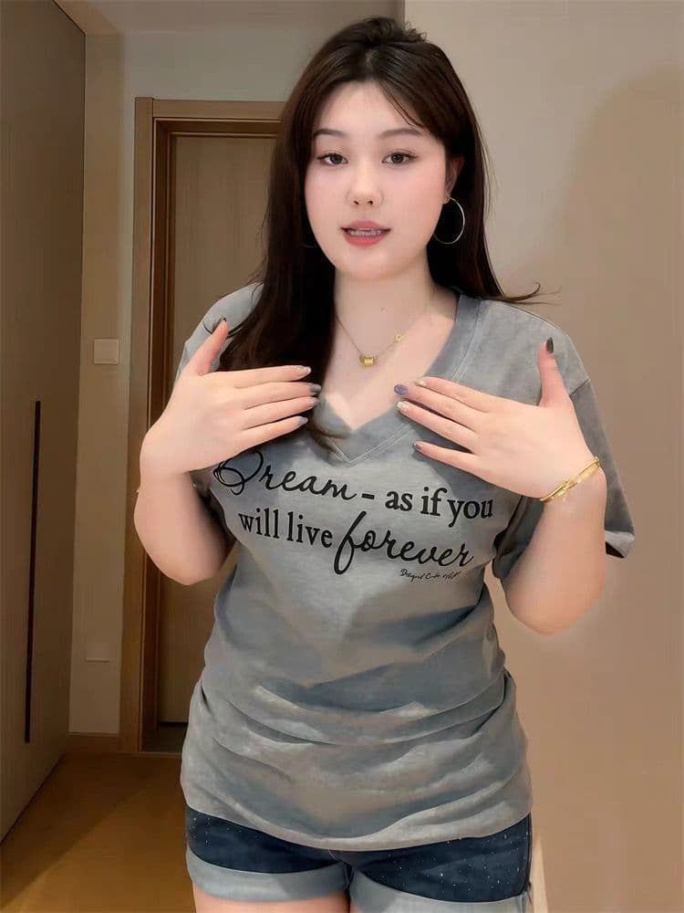 높은 품질 40 92 면 8 암모니아 Lun 새로운 빅 사이즈 지방 mm 다용도 V넥 프린트 허리 수축 슬림해 보이는 티셔츠 여성 상세 이미지 10