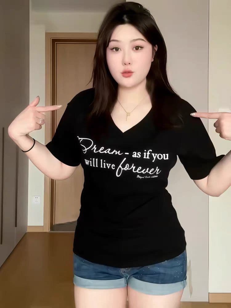 높은 품질 40 92 면 8 암모니아 Lun 새로운 빅 사이즈 지방 mm 다용도 V넥 프린트 허리 수축 슬림해 보이는 티셔츠 여성 상세 이미지 11