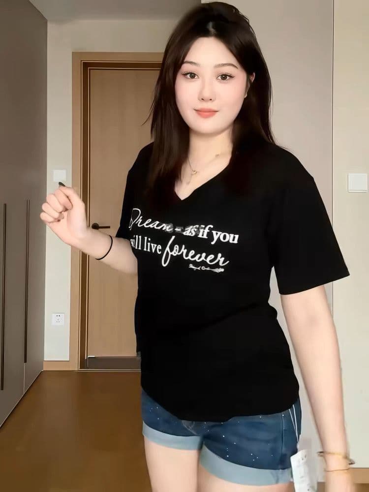 높은 품질 40 92 면 8 암모니아 Lun 새로운 빅 사이즈 지방 mm 다용도 V넥 프린트 허리 수축 슬림해 보이는 티셔츠 여성 상세 이미지 12