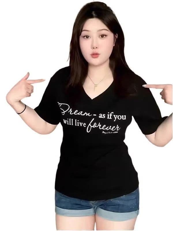 높은 품질 40 92 면 8 암모니아 Lun 새로운 빅 사이즈 지방 mm 다용도 V넥 프린트 허리 수축 슬림해 보이는 티셔츠 여성 상세 이미지 13