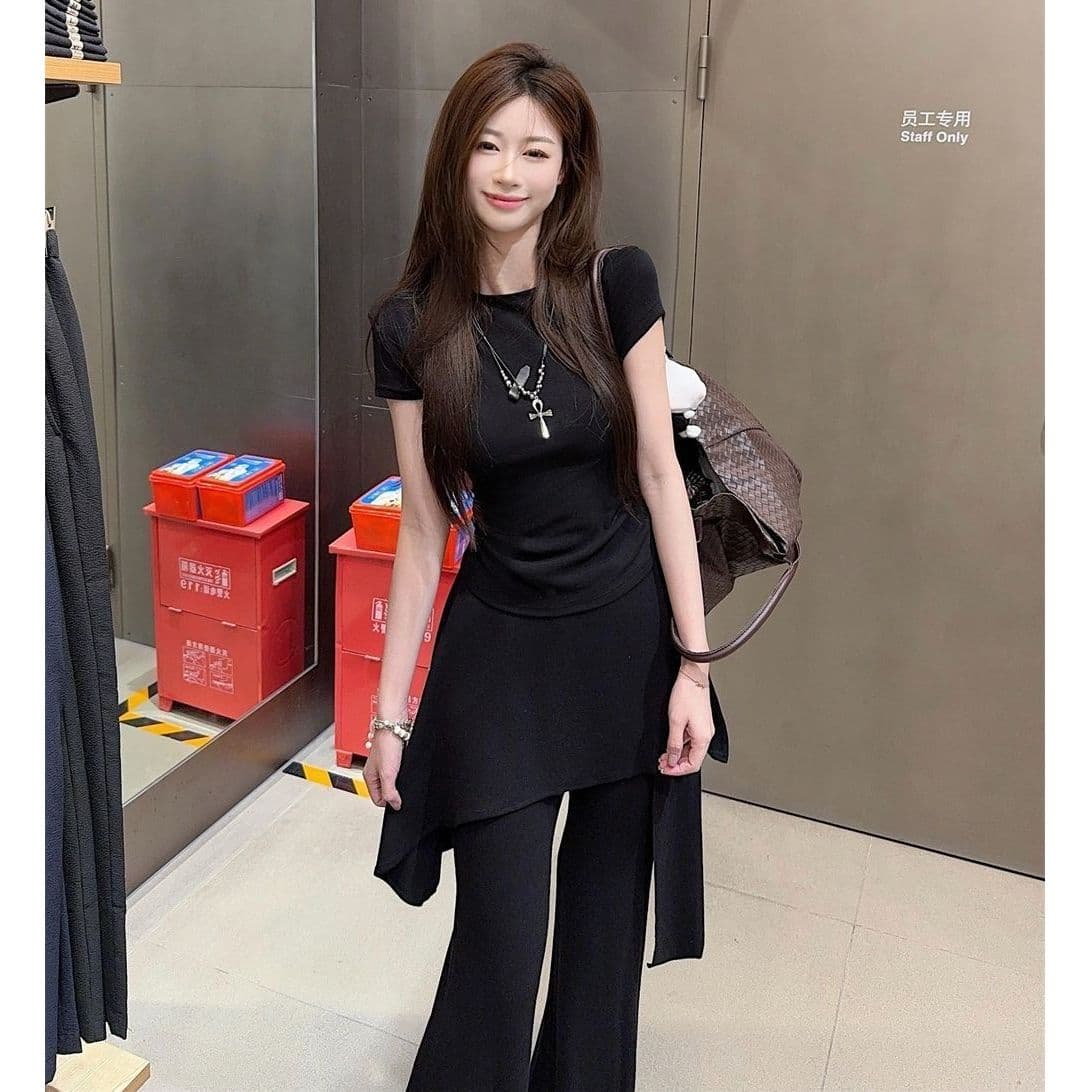 핫걸 바람 스포츠 슈트 여성 여름 패션 슬림해 보이는 몸매 가꾸기 반팔 불규칙 마이크로 나팔 바지 캐주얼 투피스 세트 이미지 4