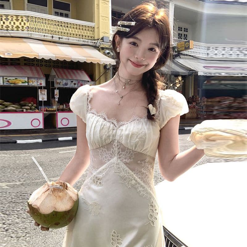 2026 여름 프랑스식 연령 감소 부드러운 바람 거품 소매 레이스업 V넥 여성 드레스 홀로우 아웃 디자인 센스 길다 치마 이미지 5