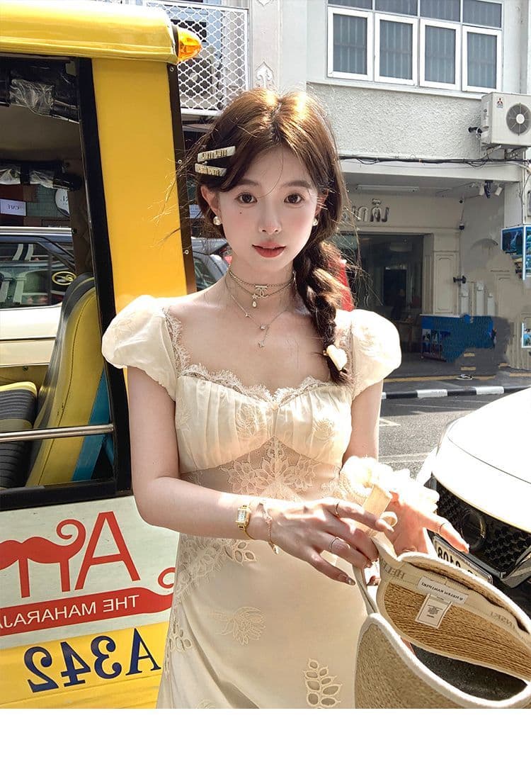 2026 여름 프랑스식 연령 감소 부드러운 바람 거품 소매 레이스업 V넥 여성 드레스 홀로우 아웃 디자인 센스 길다 치마 상세 이미지 1