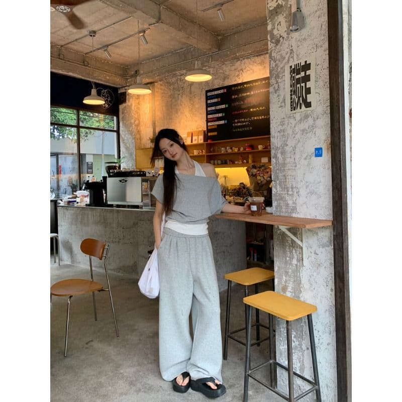 40 좋은 면 디자인 센스 배색 페이크 레이어드 행침 목 보트넥 맨위 티셔츠 오프숄더 반팔 여성 여름 이미지 4