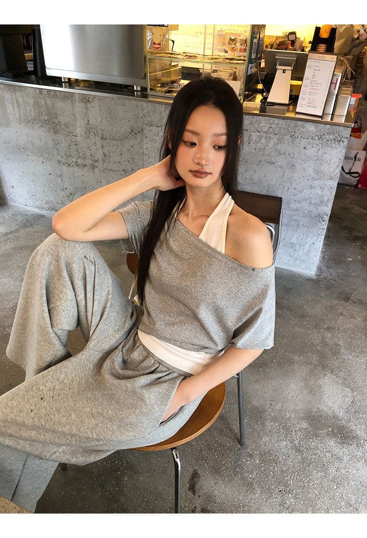 40 좋은 면 디자인 센스 배색 페이크 레이어드 행침 목 보트넥 맨위 티셔츠 오프숄더 반팔 여성 여름 상세 이미지 3