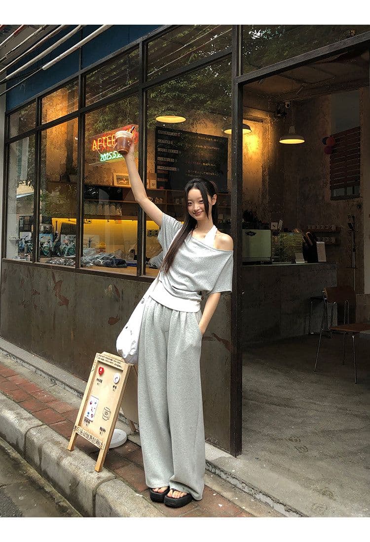 40 좋은 면 디자인 센스 배색 페이크 레이어드 행침 목 보트넥 맨위 티셔츠 오프숄더 반팔 여성 여름 상세 이미지 6
