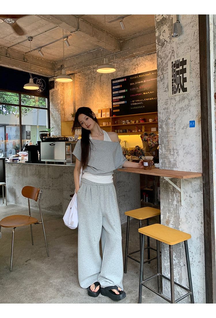 40 좋은 면 디자인 센스 배색 페이크 레이어드 행침 목 보트넥 맨위 티셔츠 오프숄더 반팔 여성 여름 상세 이미지 7
