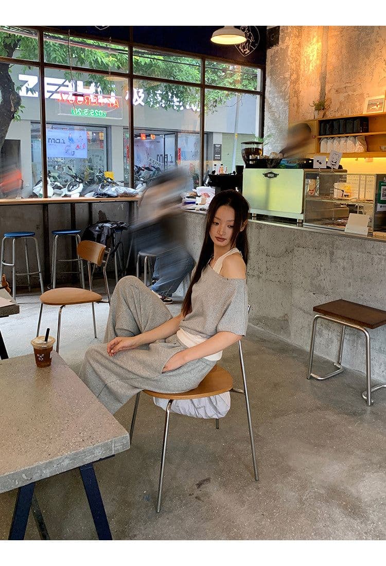 40 좋은 면 디자인 센스 배색 페이크 레이어드 행침 목 보트넥 맨위 티셔츠 오프숄더 반팔 여성 여름 상세 이미지 11