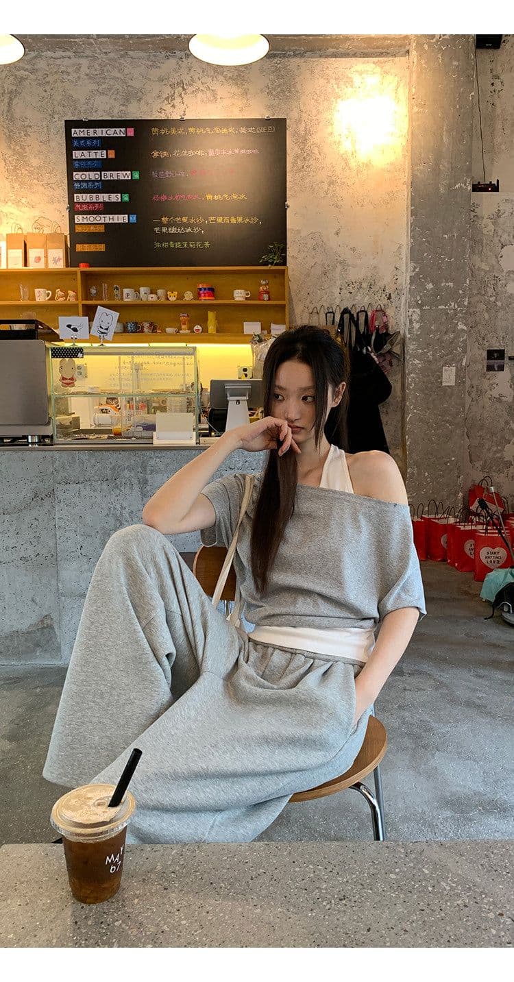 40 좋은 면 디자인 센스 배색 페이크 레이어드 행침 목 보트넥 맨위 티셔츠 오프숄더 반팔 여성 여름 상세 이미지 13