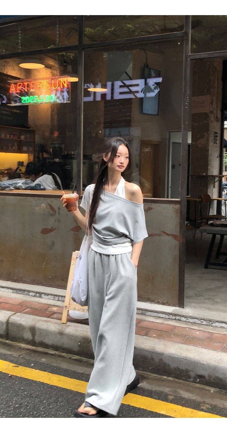40 좋은 면 디자인 센스 배색 페이크 레이어드 행침 목 보트넥 맨위 티셔츠 오프숄더 반팔 여성 여름 상세 이미지 15