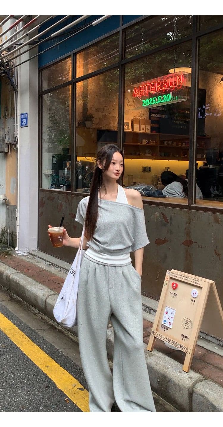 40 좋은 면 디자인 센스 배색 페이크 레이어드 행침 목 보트넥 맨위 티셔츠 오프숄더 반팔 여성 여름 상세 이미지 18