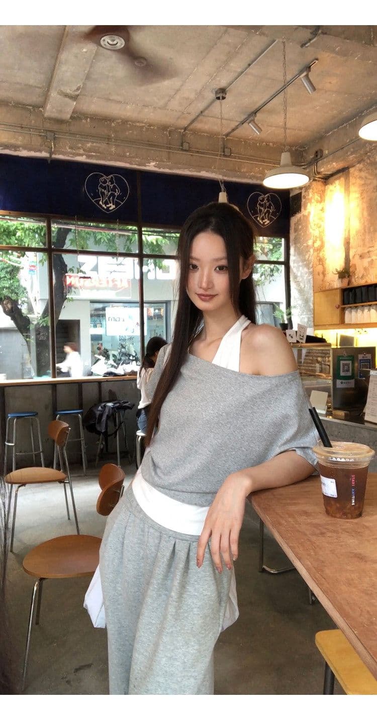 40 좋은 면 디자인 센스 배색 페이크 레이어드 행침 목 보트넥 맨위 티셔츠 오프숄더 반팔 여성 여름 상세 이미지 19