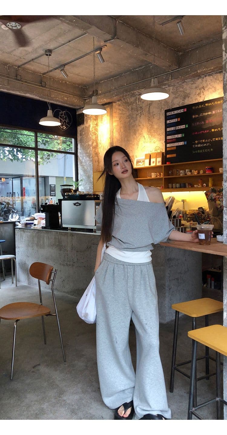 40 좋은 면 디자인 센스 배색 페이크 레이어드 행침 목 보트넥 맨위 티셔츠 오프숄더 반팔 여성 여름 상세 이미지 20