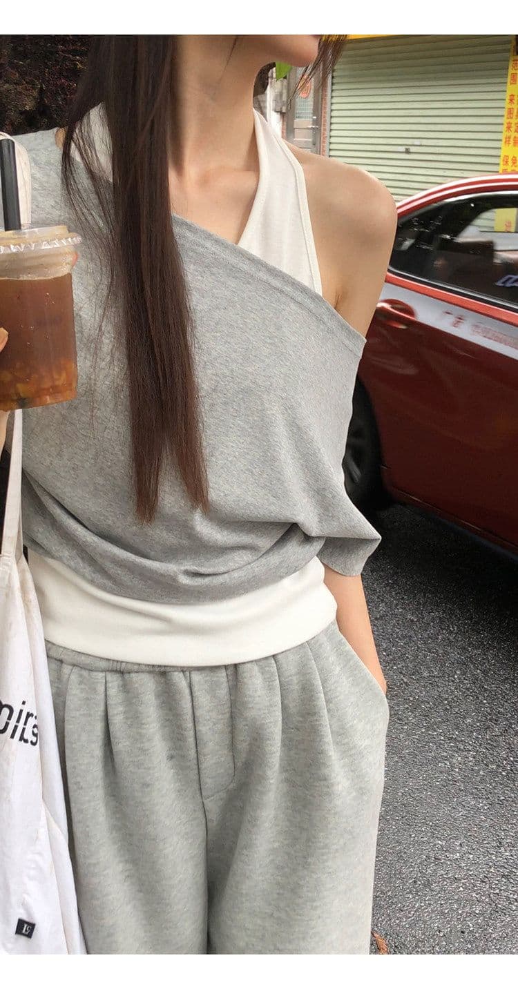 40 좋은 면 디자인 센스 배색 페이크 레이어드 행침 목 보트넥 맨위 티셔츠 오프숄더 반팔 여성 여름 상세 이미지 21