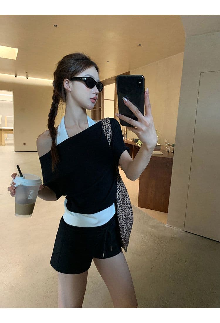 40 좋은 면 디자인 센스 배색 페이크 레이어드 행침 목 보트넥 맨위 티셔츠 오프숄더 반팔 여성 여름 상세 이미지 23