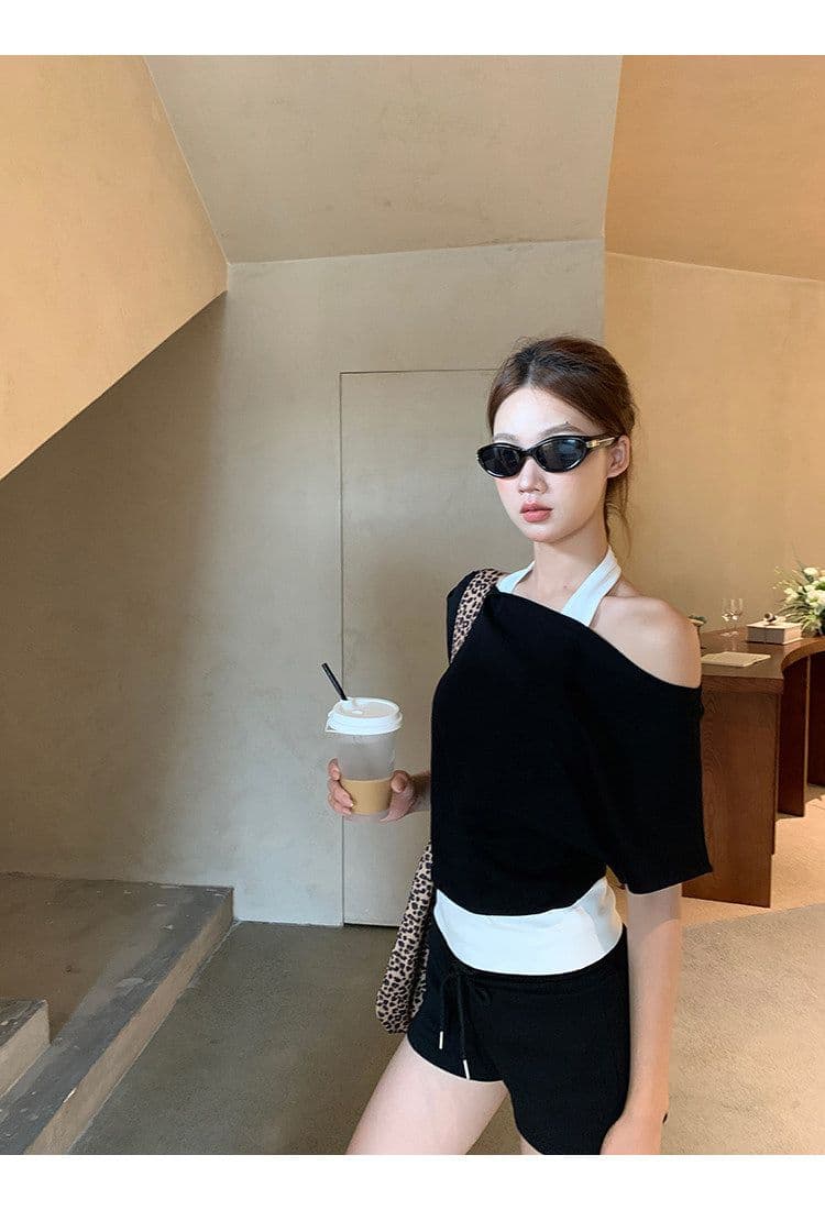 40 좋은 면 디자인 센스 배색 페이크 레이어드 행침 목 보트넥 맨위 티셔츠 오프숄더 반팔 여성 여름 상세 이미지 26