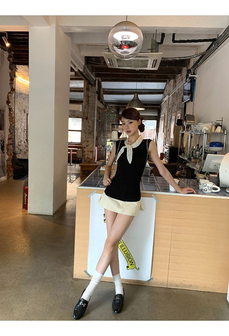 모달 사람들 면 조끼 여성 여름 외출용 프랑스식 핫걸 검정색 고급 센스 자이언트 잘 생긴 ~ 중 민소매 맨위 상세 이미지 11