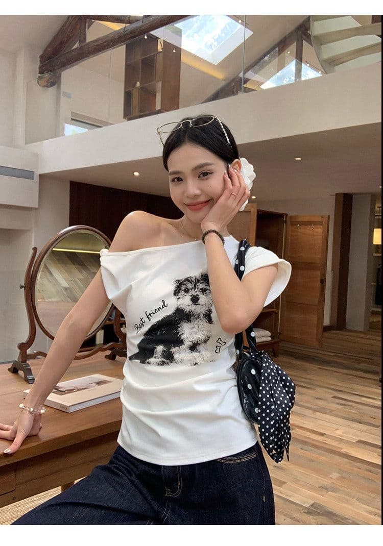 와 사고 방식 비스듬한 어깨 화이트 반팔 티셔츠 여성 여름 한 부서 오프숄더 몸매 가꾸기 디자인 센스 핫걸 작은 맨위 상세 이미지 10
