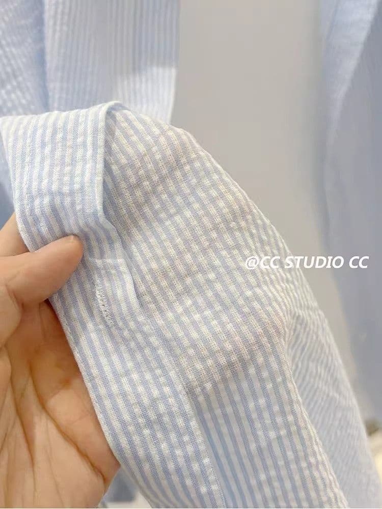 느긋한 바람 스트라이프 폴로 칼라 긴팔 셔츠 여성 의류 봄 캐주얼 루즈핏 중간 길이 셔츠 자외선 차단 재킷 상세 이미지 3