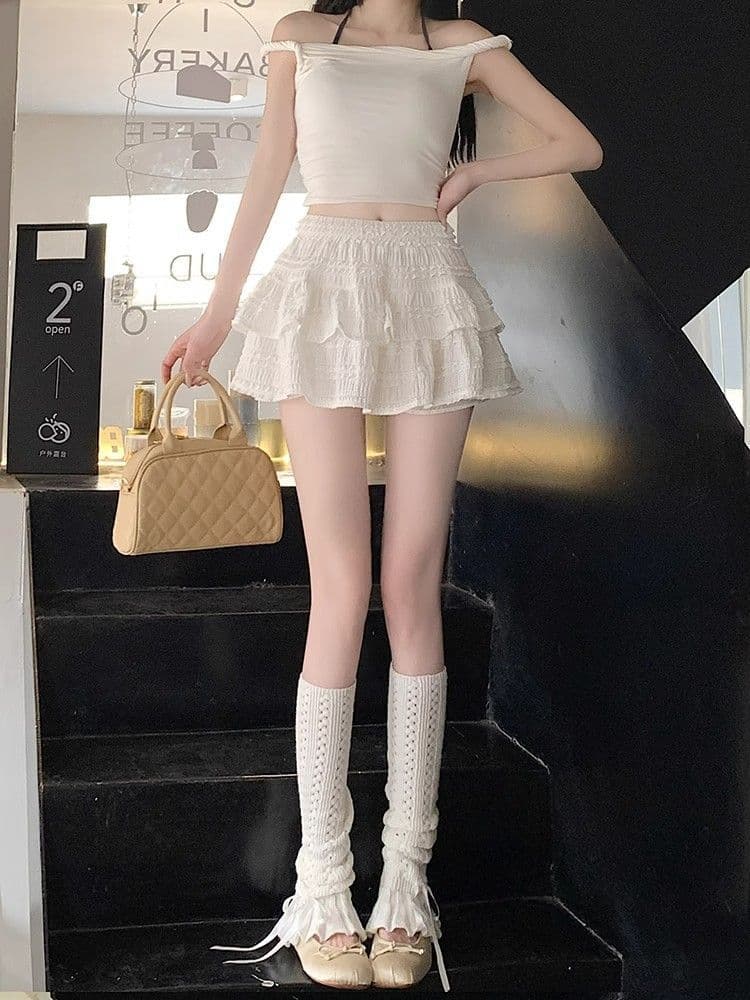 패션 세트 디자인 센스 비스듬한 칼라 오프숄더 펌프 로프 맨위 코디 달콤한 스타일 발레 레이스 디자인 반신 스커트 상세 이미지 5