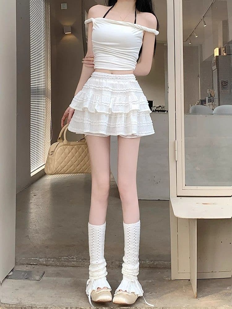 패션 세트 디자인 센스 비스듬한 칼라 오프숄더 펌프 로프 맨위 코디 달콤한 스타일 발레 레이스 디자인 반신 스커트 상세 이미지 6