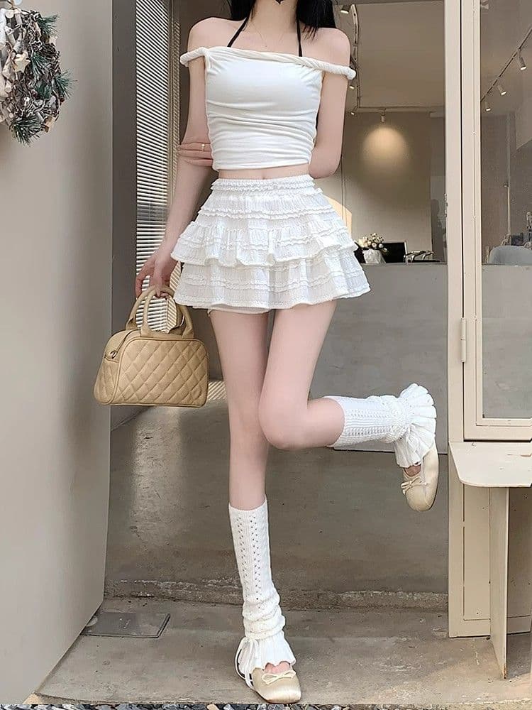 패션 세트 디자인 센스 비스듬한 칼라 오프숄더 펌프 로프 맨위 코디 달콤한 스타일 발레 레이스 디자인 반신 스커트 상세 이미지 7