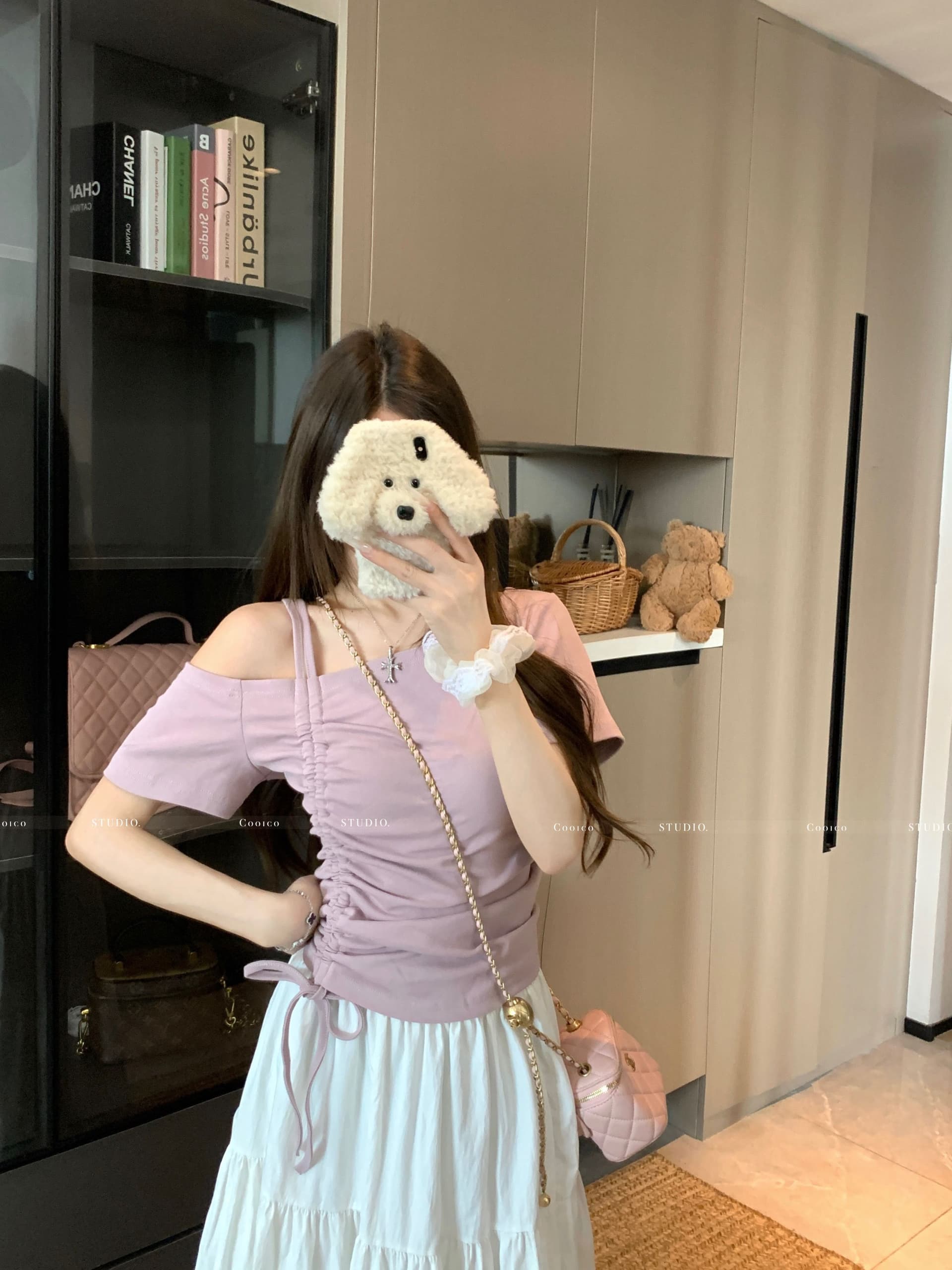 패션 세트 디자인 센스 비스듬한 칼라 오프숄더 펌프 로프 맨위 코디 달콤한 스타일 발레 레이스 디자인 반신 스커트 상세 이미지 9