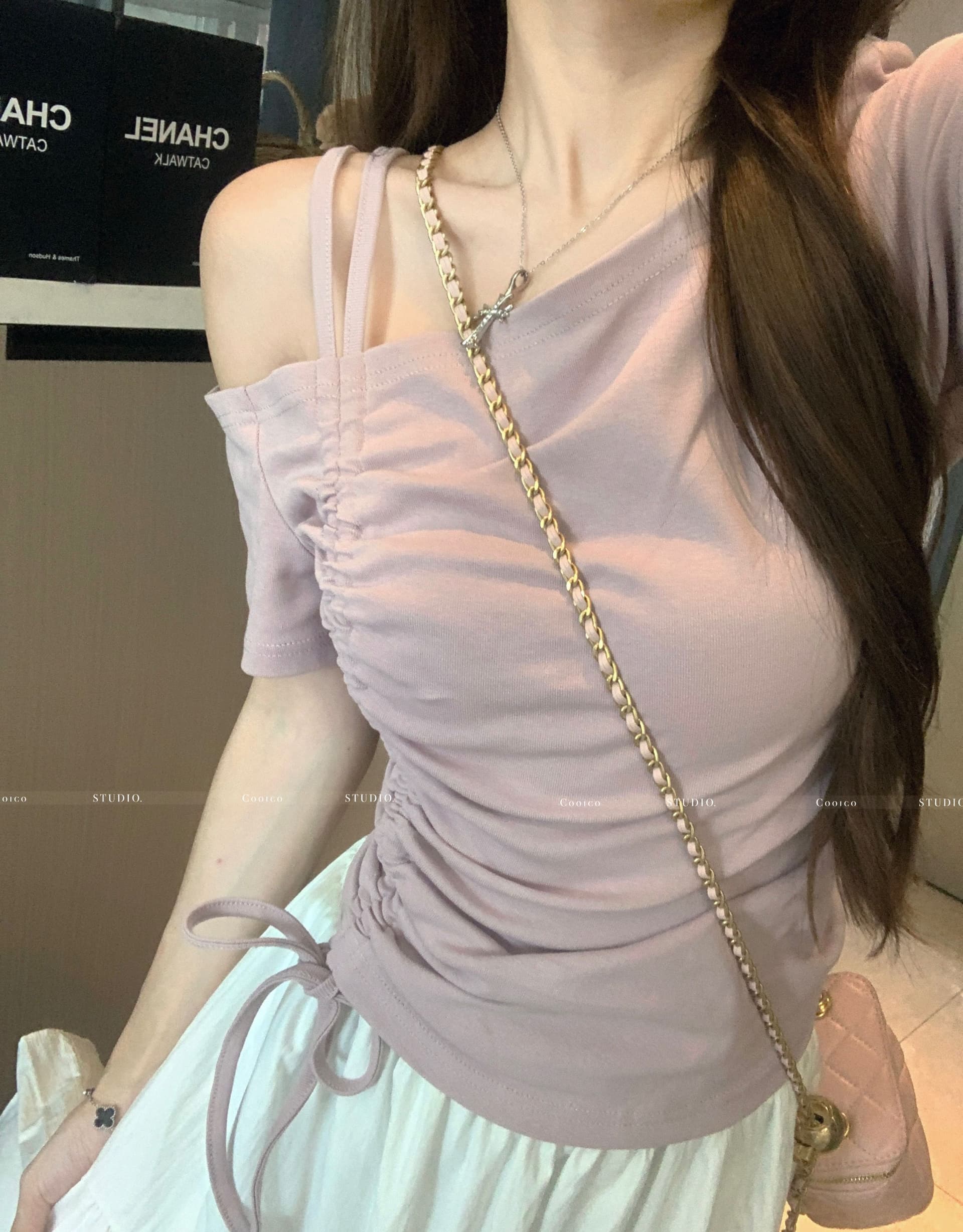 패션 세트 디자인 센스 비스듬한 칼라 오프숄더 펌프 로프 맨위 코디 달콤한 스타일 발레 레이스 디자인 반신 스커트 상세 이미지 12