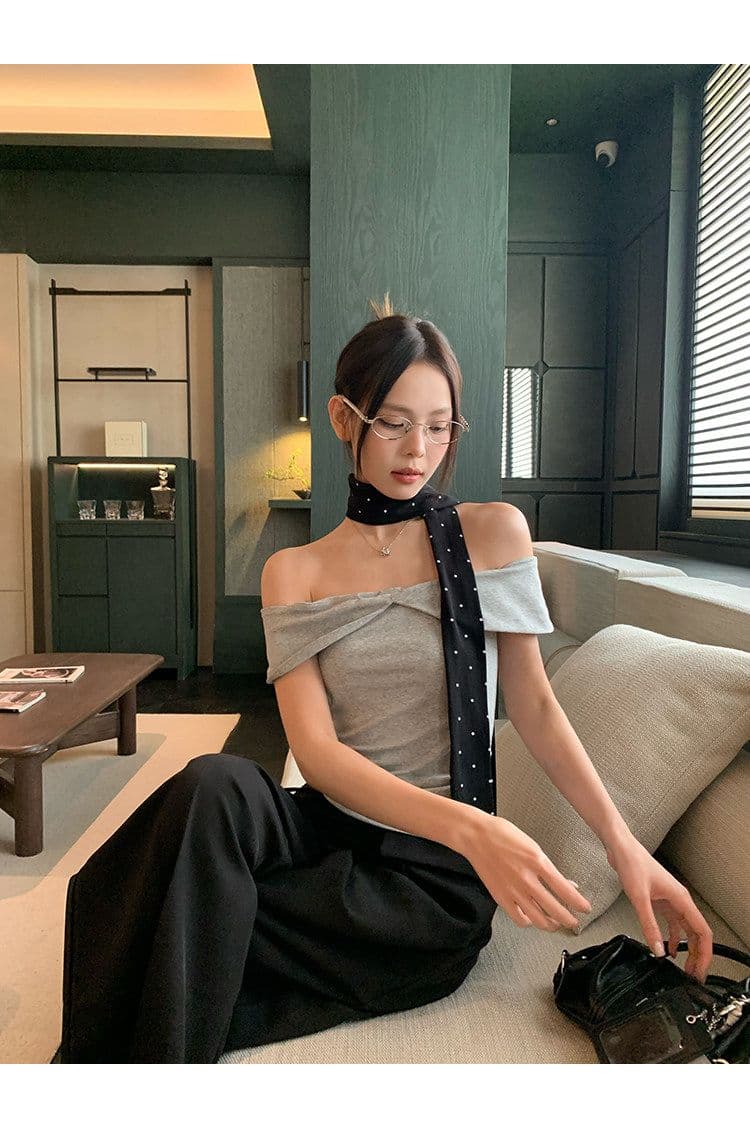원본 것 회색 오프숄더 반팔 티셔츠 여성 여름 몸매 가꾸기 슬림해 보이는 한 부서 품격 오프숄더 맨위 상세 이미지 4
