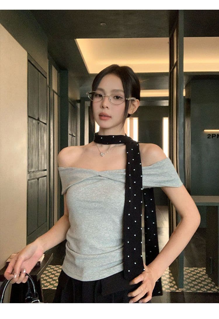 원본 것 회색 오프숄더 반팔 티셔츠 여성 여름 몸매 가꾸기 슬림해 보이는 한 부서 품격 오프숄더 맨위 상세 이미지 19